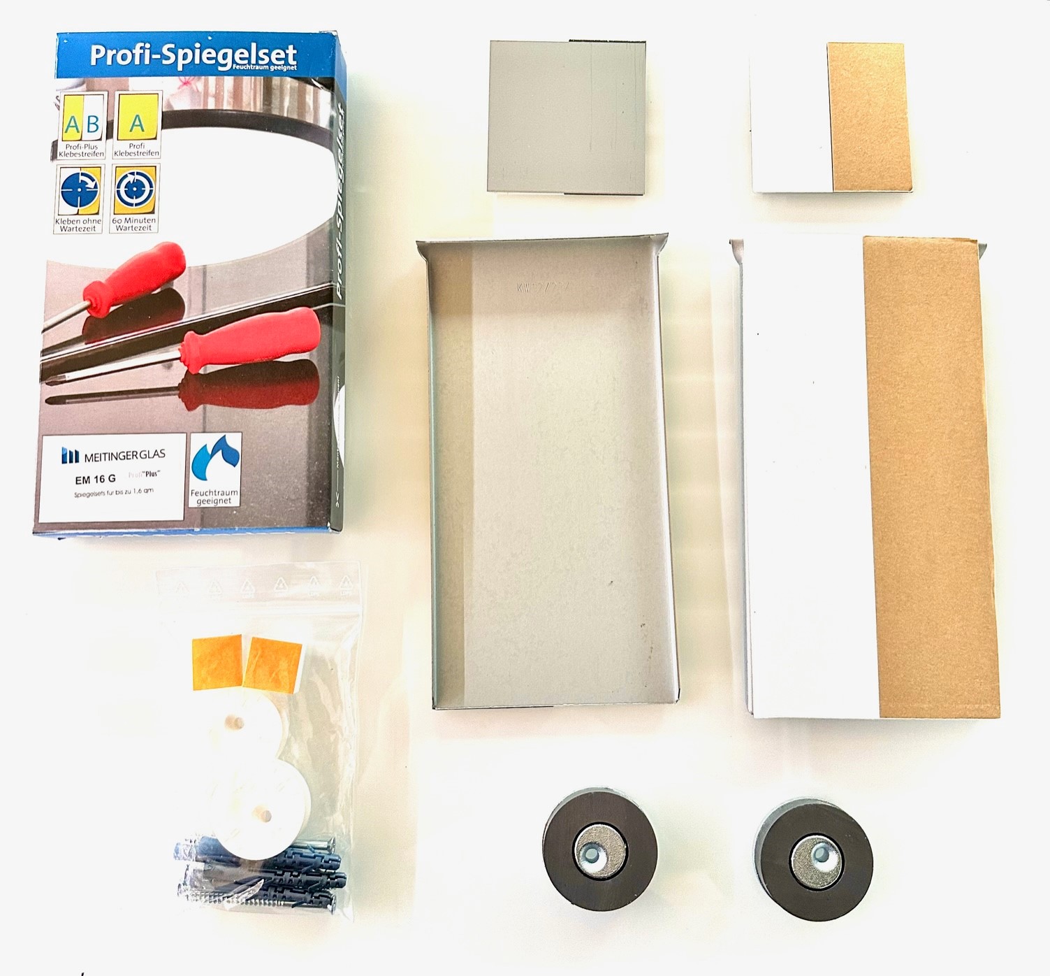 Spiegelbefestigungset mit Magneten und Blechen